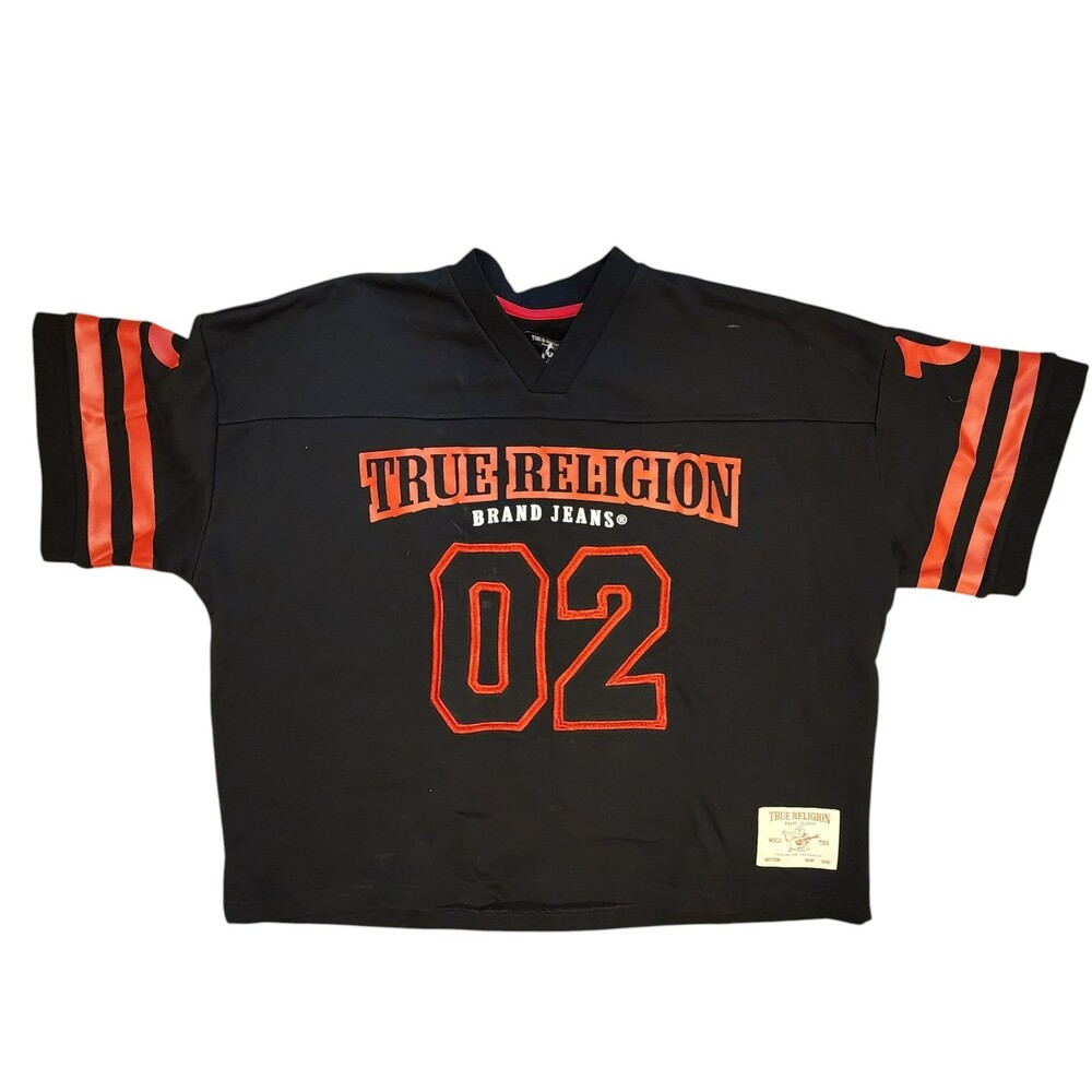 True Religion Black Red Football Jersey Knit Crewneck Pullover Sweatshirt L NWT